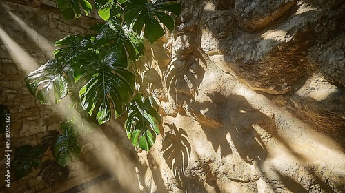 Gentle morning sunlight filtering through tropical leaves, creating soft leaf silhouettes on a textured wall with a warm, natural glow.