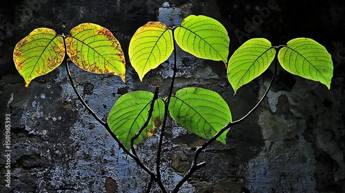 Gentle morning sunlight filtering through tropical leaves, creating soft leaf silhouettes on a textured wall with a warm, natural glow.