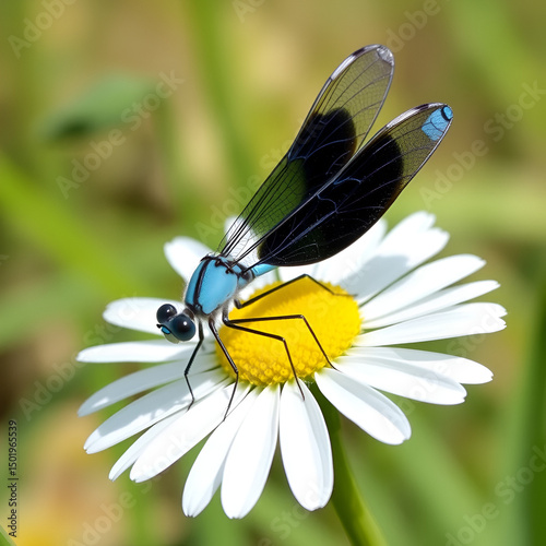 An azure damselfly, Coenagrion puella, immature female with a pale basic coloration and mainly black abdominal segments, resting on a lawn daisy, beautiful nature photo