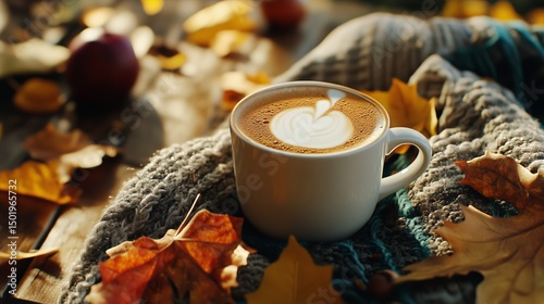 Warm Coffee Cup on a Cozy Sweater With Autumn Leaves and Apples in a Serene O...