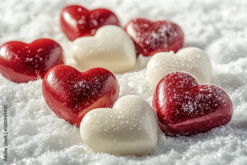 Fototapeta premium Romantic Winter Hearts: Red and White Love Symbols on a Snowy Cold Background