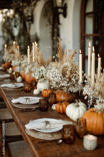 Elegant Autumn Dinner Setup With Pumpkins and Candles at a Rustic Outdoor Table