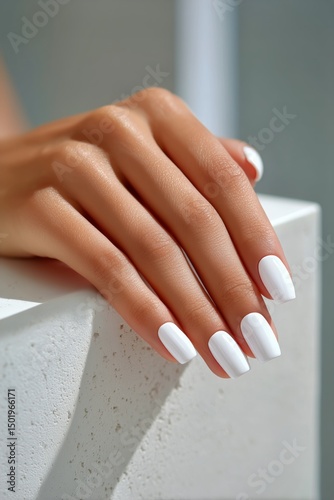 Elegant White Manicure Showcasing Well-Groomed Nails on a Polished Hand Again...