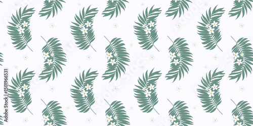 Seamless pattern with palm leaves vanilla flowers