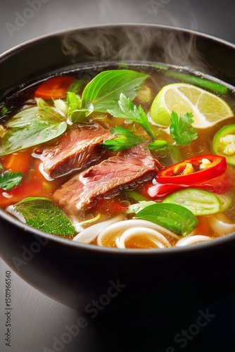 Delicious Bowl of Steaming Noodle Soup With Fresh Ingredients and Herbs Serve...
