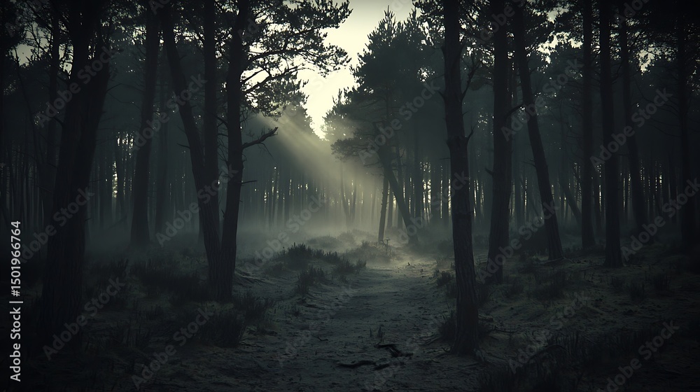 Fototapeta premium A misty forest scene with sun rays piercing through tall, shadowy trees, creating a mystical and serene atmosphere.