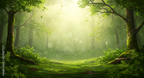 Green Forest with Sun Rays