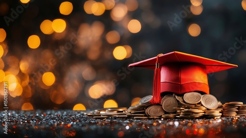 Graduation Cap Placed on Top of a Pile of Coins With Blurred Festive Lights i...
