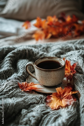 Warm Coffee Cup Surrounded by Autumn Leaves on Cozy Blanket in a Serene Bedro...