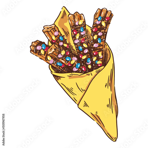 Chocolate churros with bright toppings