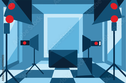 Creative studio workspace with lighting equipment and camera setup for professional photography and illustration projects