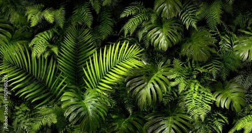 The image features a green leaf and palm leaves in the foreground, with a dark natural setting in the background, arranged in a flat lay to convey a tropical concept