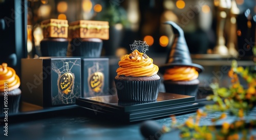 Halloween Themed Cupcakes Displayed on a Table With Decorations and Festive A...
