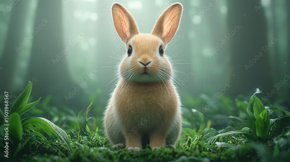 Obraz premium A rabbit in a lush, green forest setting with soft lighting.