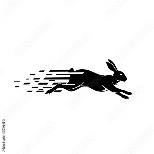  Running rabbit icon with motion pixels in black and white for speed and agility concept design