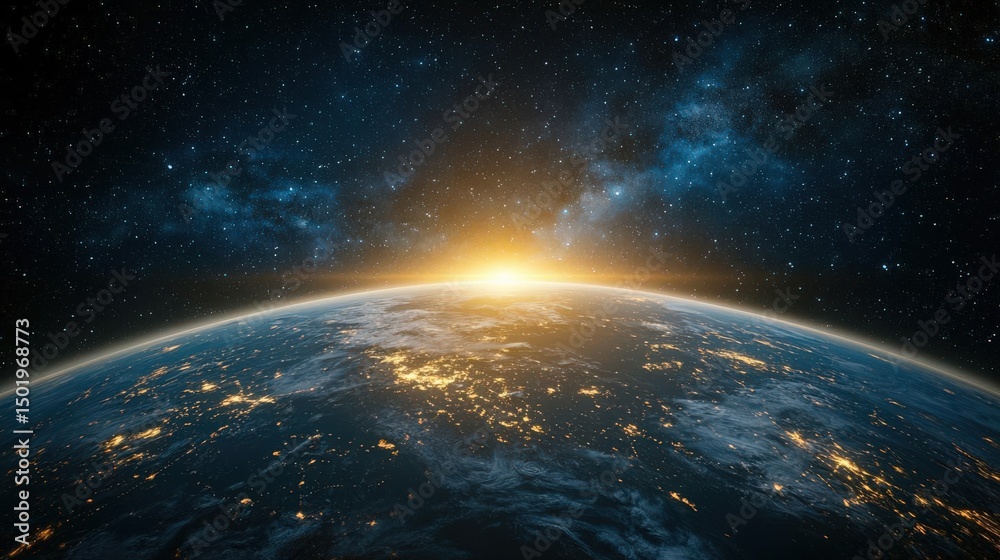 Fototapeta premium Vibrant sunrise over Earth with a starry sky backdrop.