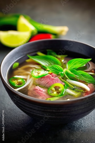 Delicious Bowl of Noodle Soup With Beef Herbs and Chili Peppers in a Modern S...