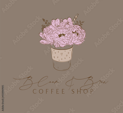 Coffee shop bloom and brew label design with lettering bloom and brew drawing in floral style on brown background