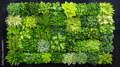 Lush green vertical garden with diverse small plants, various textures and shades of green, densely packed on a dark background