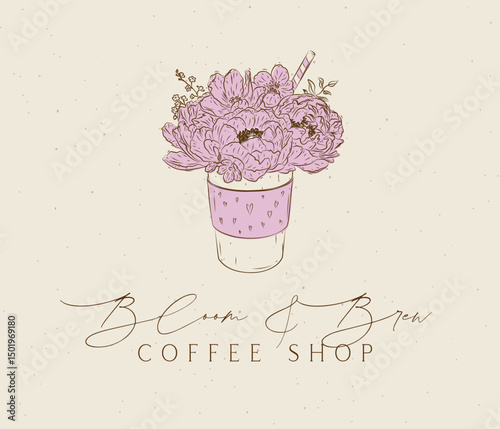 Coffee shop bloom and brew design with lettering bloom and brew drawing in floral style on beige background