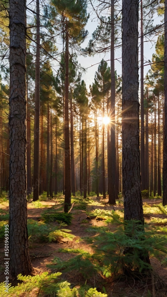 Fototapeta premium Sunlit Pine Forest Golden Hour in a Lush Woodland