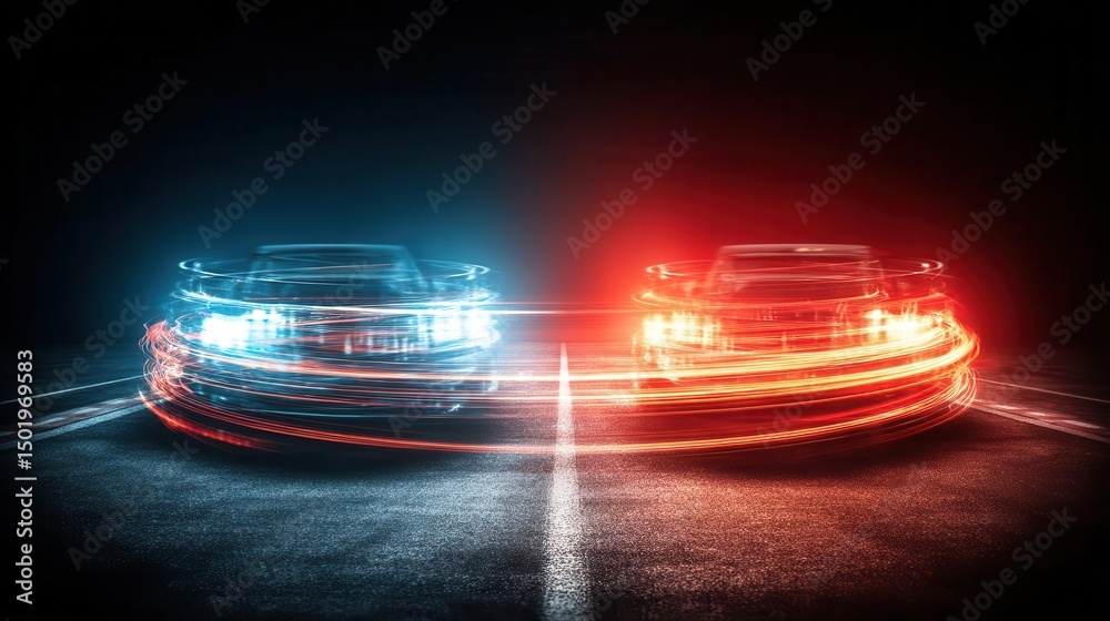 Naklejka premium Against a black background, vibrant swirling trails of red and blue light are displayed, highlighting dynamic movement