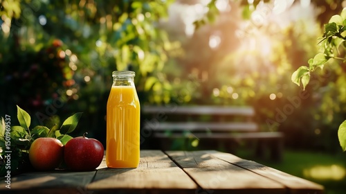 Fresh Apple Juice on a Wooden Table With Red Apples in a Sunny Garden at Gold...