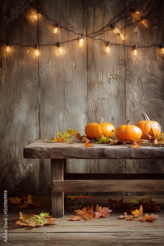 Harvest Display With Pumpkins and Autumn Leaves on Rustic Table With String L...