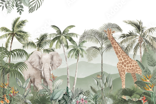 Photography Subtle Jungle Scene with Wildlife, Minimalist Kids Room Wallpaper Design