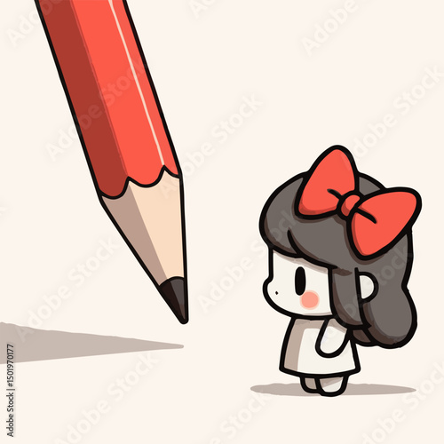 A girl with a red bow drawn with a magic pencil on a piece of paper. Vector graphics. EPS.