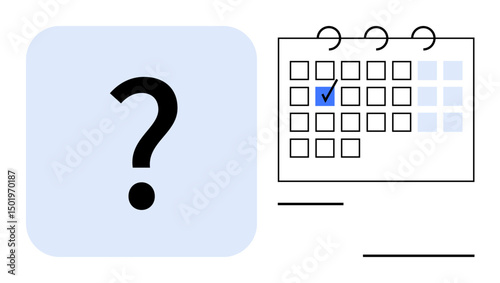 Question mark next to calendar grid with ticked date signifies uncertainty and scheduling decisions. Ideal for time management, planning, deadlines, reminder, prioritization, uncertainty