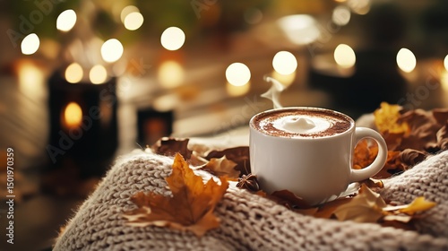 Cozy Autumn Scene With Coffee Cup, Warm Blanket, and Fallen Leaves