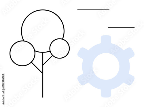 Abstract tree structure with circular elements next to a gear shape, symbolizing harmony of nature and innovation. Ideal for sustainability, tech growth, ecology, renewable energy, innovation