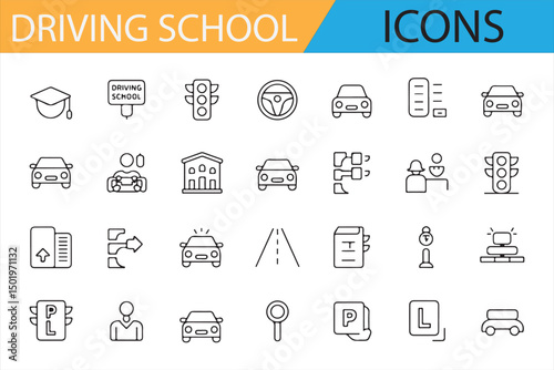 Set of driving school icons for illustrating driver education and test processes.
