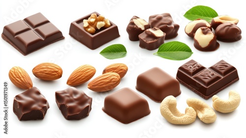 Assorted chocolates and nuts isolated on white background