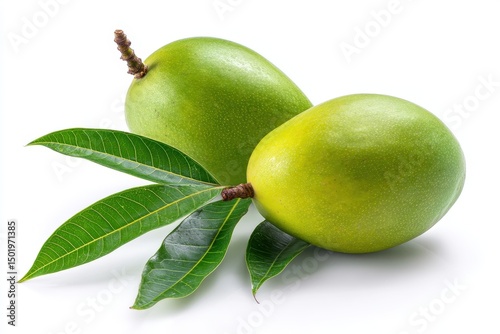 Organic raw mangoes with leaves isolated on white background, tropical green fruit used in food photography, packaging, and healthy diet images
