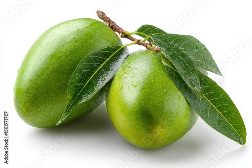 Fresh green mango whole with stem and natural green leaf isolated on white background, tropical raw fruit for sour recipes and diet themes