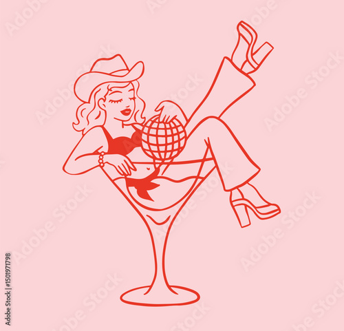 Cowgirl in martini cocktail glass. Bachelorette party. Disco Girl.