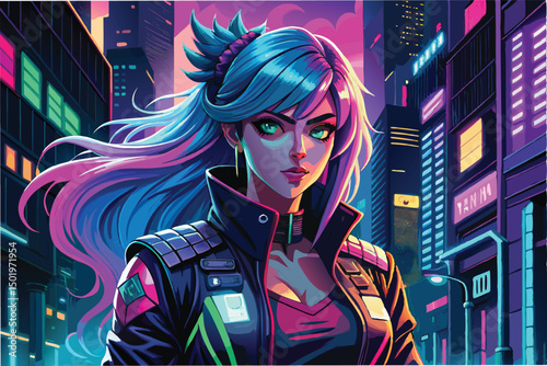 Futuristic cyberpunk woman stands confidently in neon cityscape under glowing skyscrapers at night