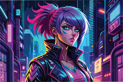 Futuristic cyberpunk woman stands confidently in neon cityscape under glowing skyscrapers at night