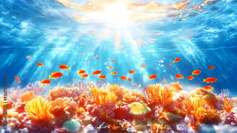 Fototapeta premium Vibrant coral reef teeming with small orange fish, bathed in sunlight penetrating the ocean surface