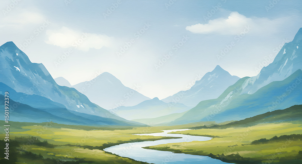 Fototapeta premium Mountain Landscape with River and Green Valley