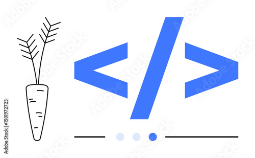 Blue coding sign paired with a minimal line-drawn carrot. Ideal for technology, programming, agriculture, food, innovation, health, sustainability, simple landing page
