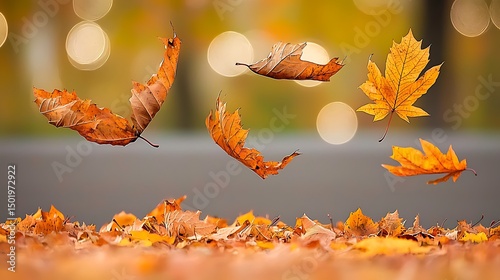 Golden fall leaves gently drifting through the air, with soft bokeh circles of light creating a magical and serene autumn scene
