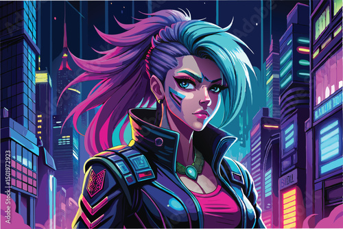 Futuristic cyberpunk woman stands confidently in neon cityscape under glowing skyscrapers at night