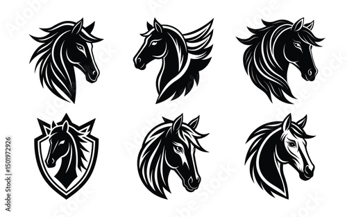 Modern Horse Head Logo Set – Vector Icons with Winged, Shielded, and Stylized Mane Designs