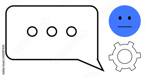 Chat bubble with three dots, neutral expression face, and gear element representing communication, feedback, emotion, technology, messaging, process optimization, and chatbot in a simple landing page