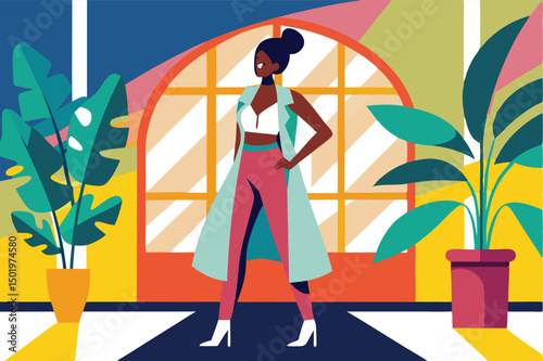 Stylish vector illustration of a woman in a modern outfit with a half black and half white design, showcasing elegance and confidence in an urban setting