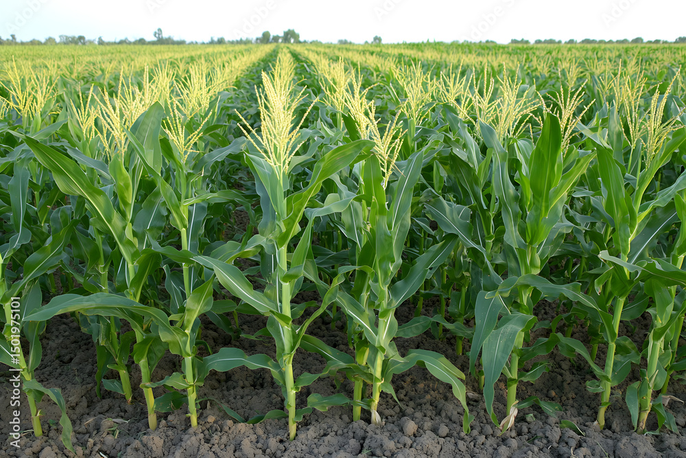 Fototapeta premium Low-angle photo of corn plants growing in field at sunset light and shallow depth of field
