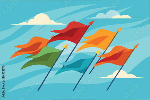 Colorful flags waving in the breeze against a clear blue sky with soft clouds, conveying a sense of vibrancy and movement in a sunny environment